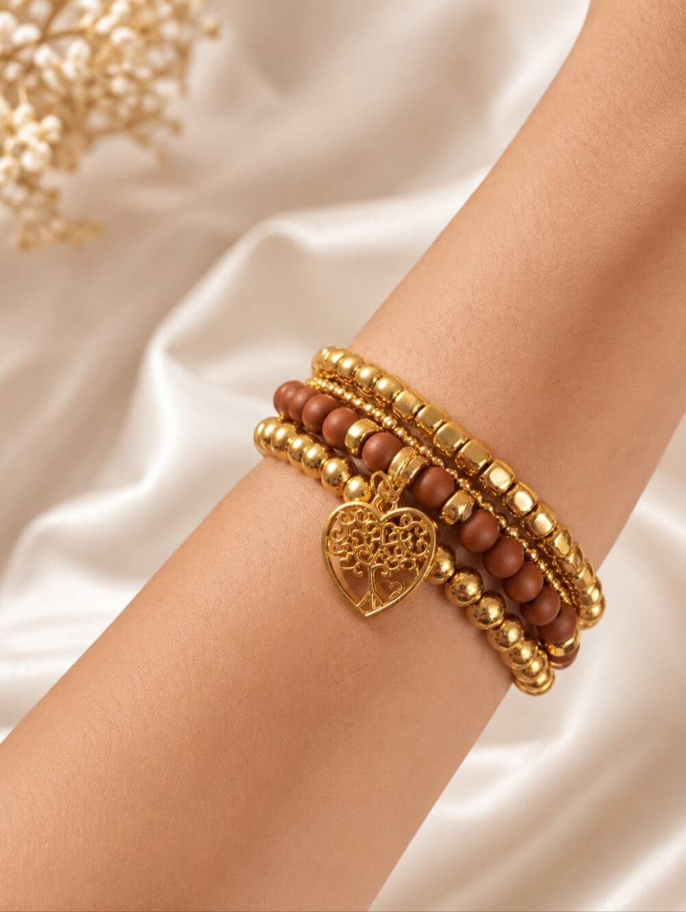 4-Piece Gold & Brown Stretch Bracelet Stack Tree of Life Heart Charm